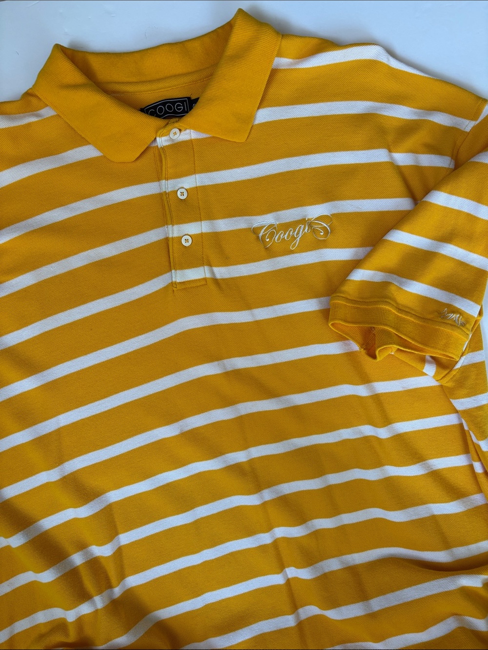 COOGI Logo Embroidered Yellow Striped Pique Short Sleeve Polo Shirt Mens 4XL